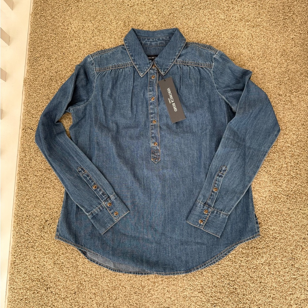 NWT Veronica Beard 100% Cotton Cambrie Denim Long Sleeve Shirt Size XS - Picture 2 of 4